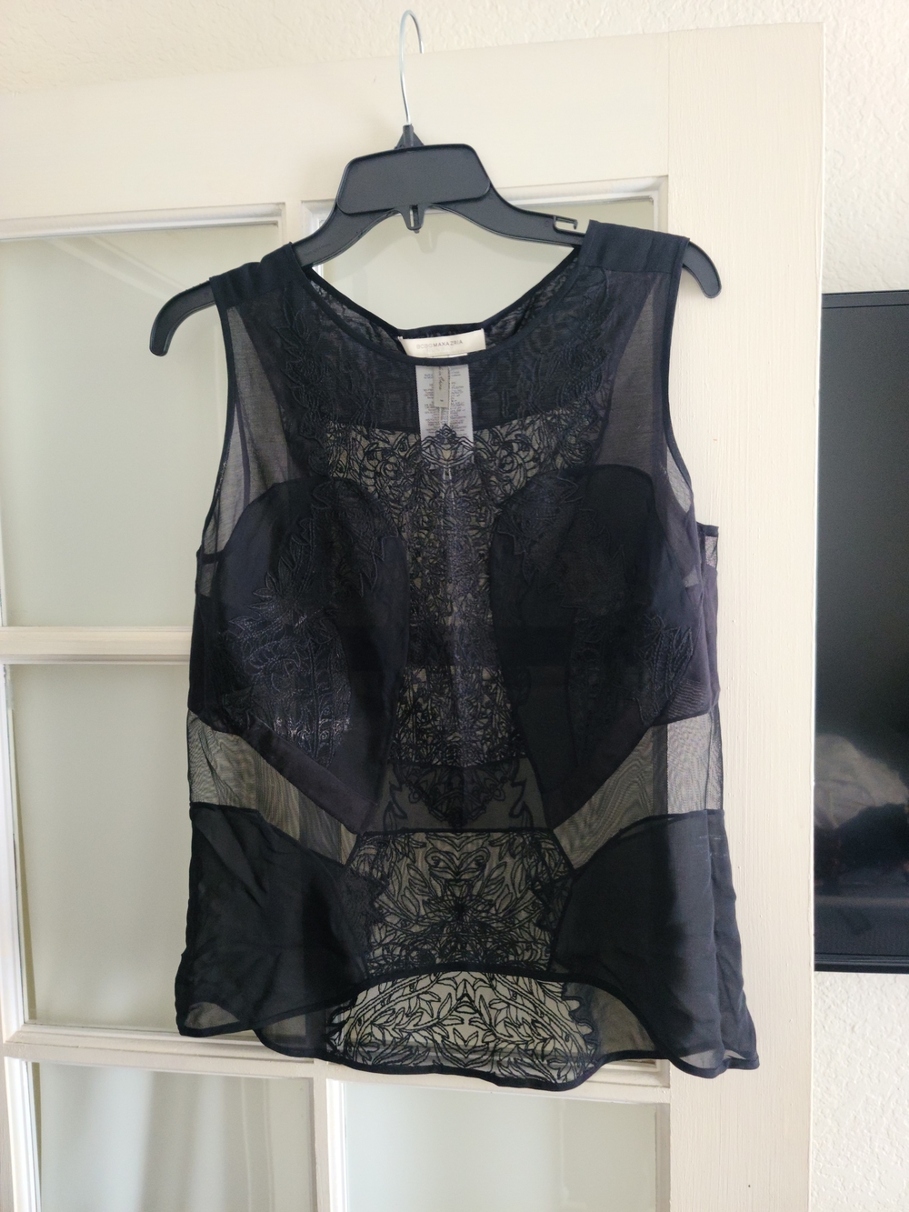 BCBGMaxAzria Black Sheer Lace Sleeveless Blouse
